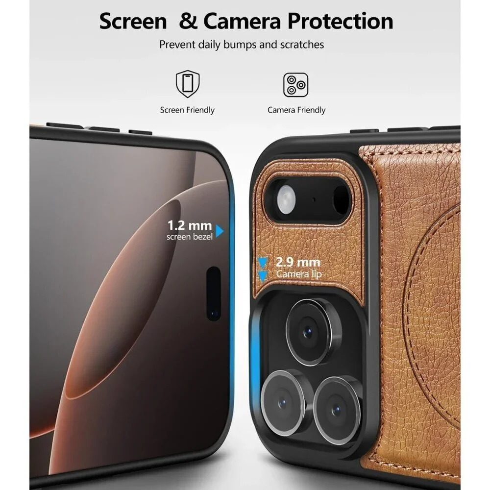 Brown Iphone 17 Pro Max Invisible Stand Protective Slim Kickstand Leather Case